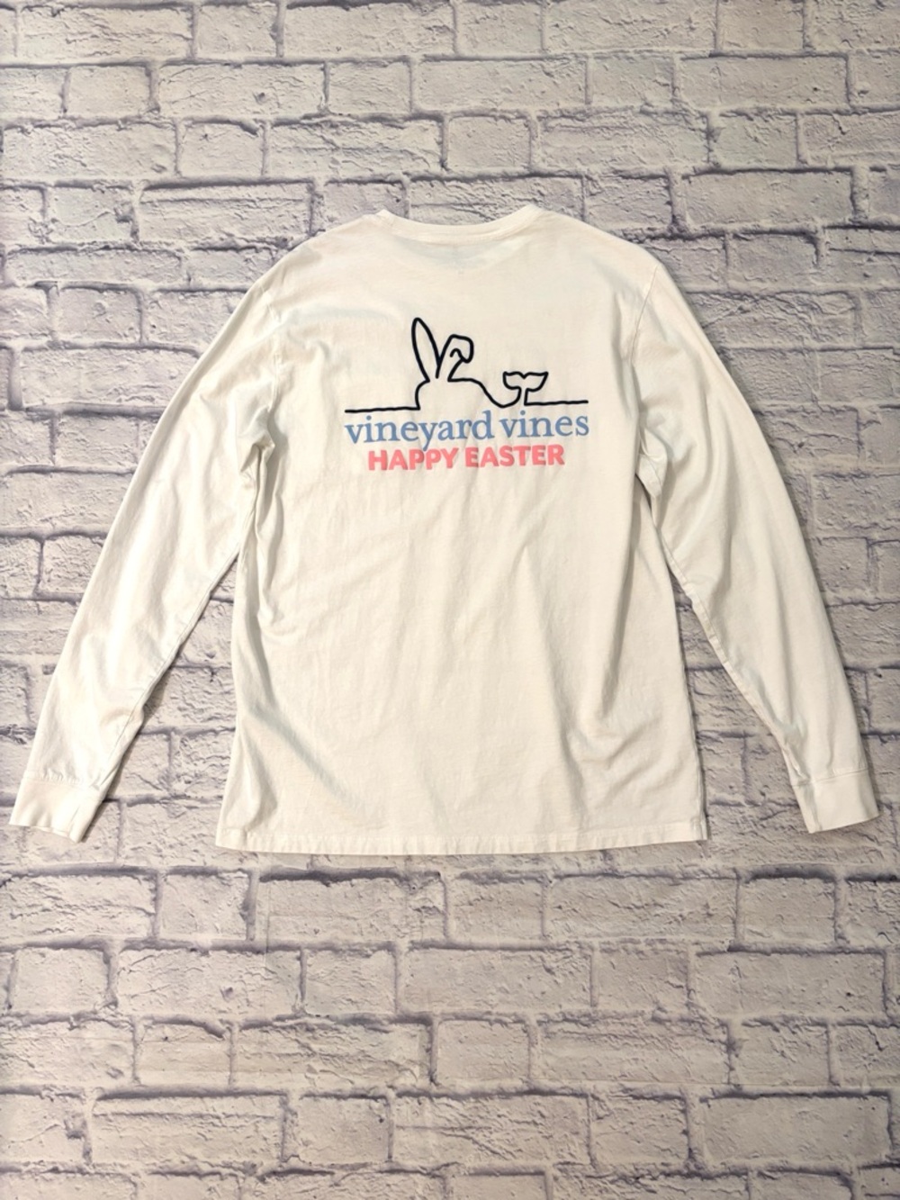 Vineyard Vines Easter Tee Shirt Long Sleeve Pocket White Pink Blue Size Medium